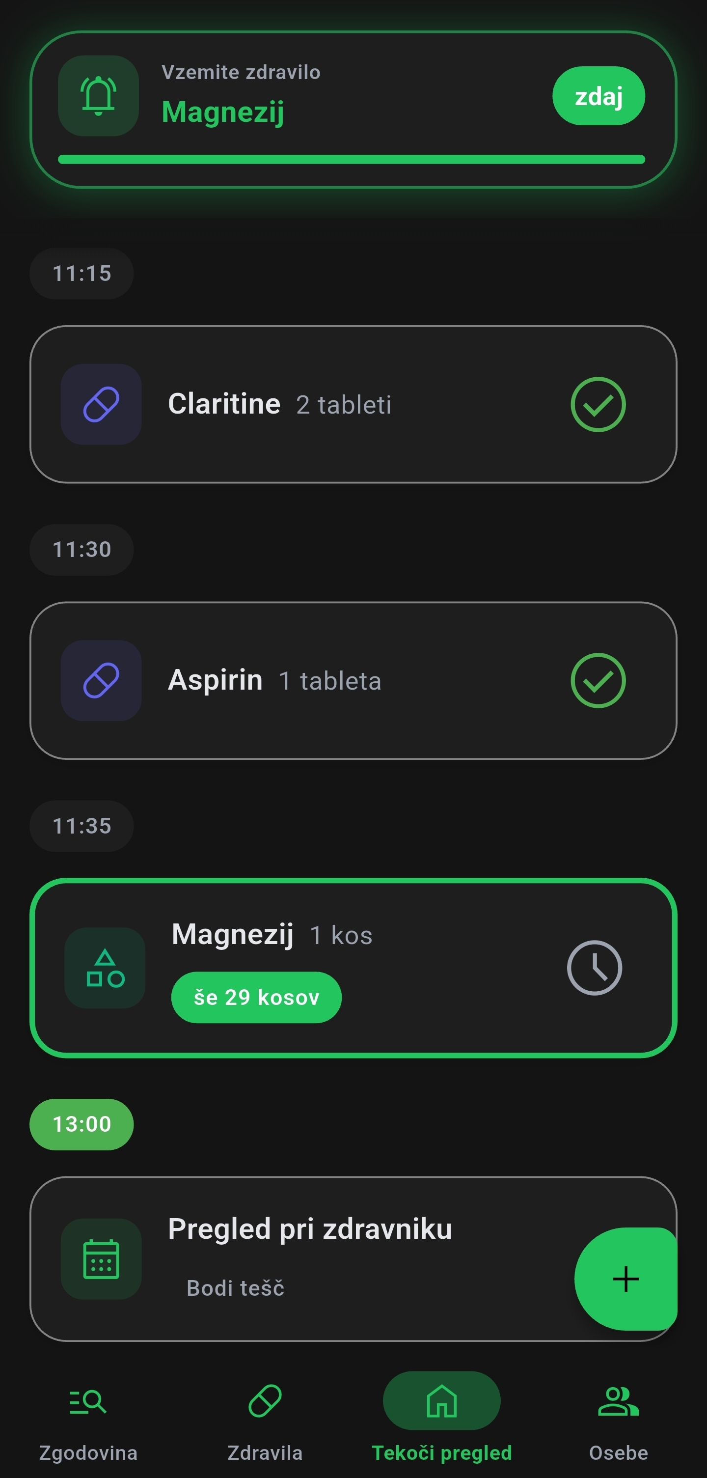 Lekec app, tekoči pregled (temno)